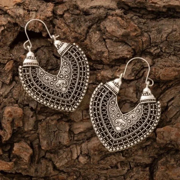 Sterling Silver Vintage Ethnic Boho Hoop Earrings - Picture 2 of 4